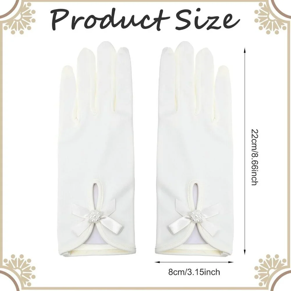 Women's Elegant White Short Flower Bow Pearl Gloves Design Wrist Wedding Dress
